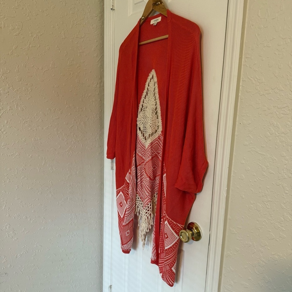 Umgee Knit Sweater Cover Up kimono Open Front Sweater Red/Orange M/L Boho Cozy - Picture 2 of 7